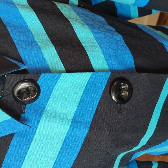 Trench Coat Vesti Striped Blue/ Black/Green Button Front Striped Rainwear Sz 6 - Picture 2 of 10